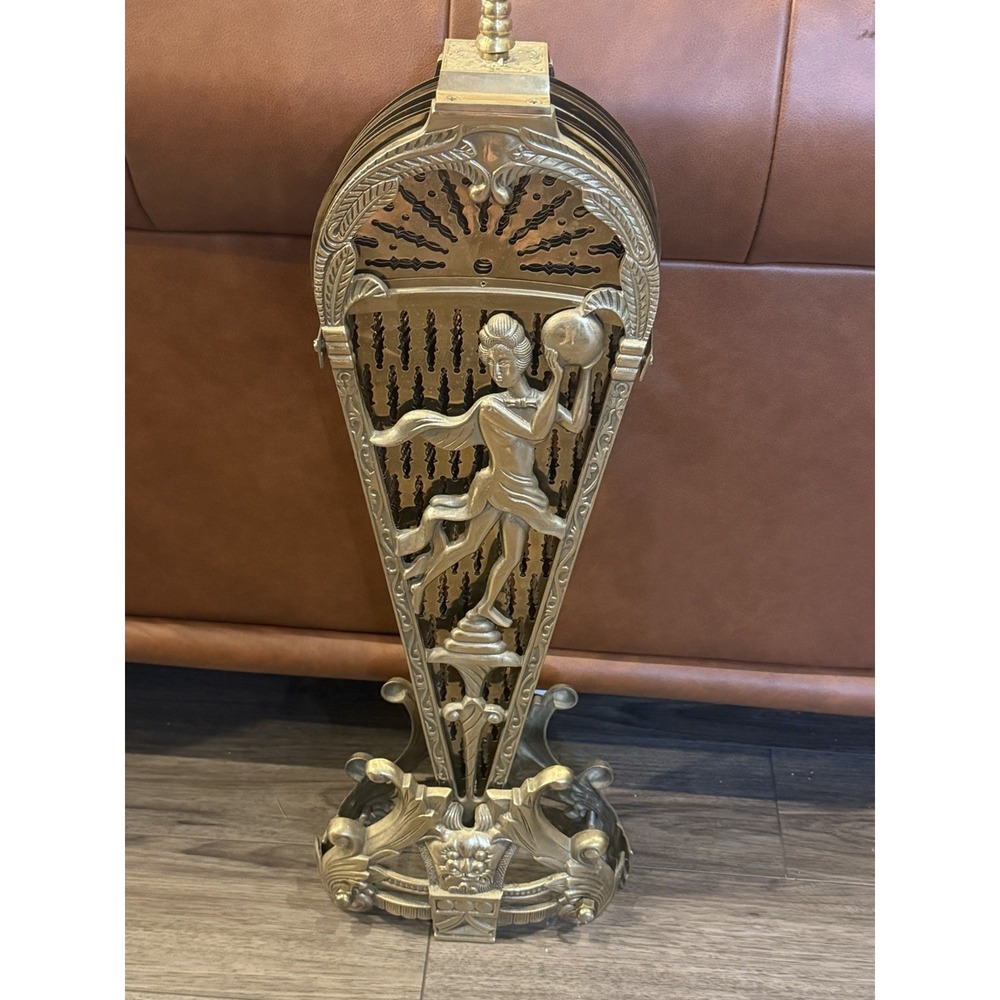 Vintage Art Deco Brass Peacock Fan Fireplace Screen Figural Filigree Goddess - Picture 13 of 16